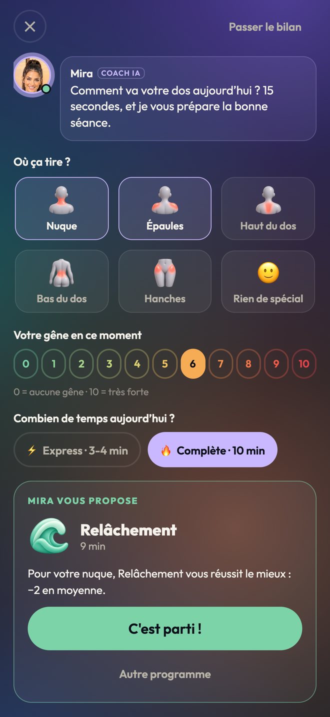 Le bilan de 15 secondes avant la séance : où ça tire, gêne, temps disponible