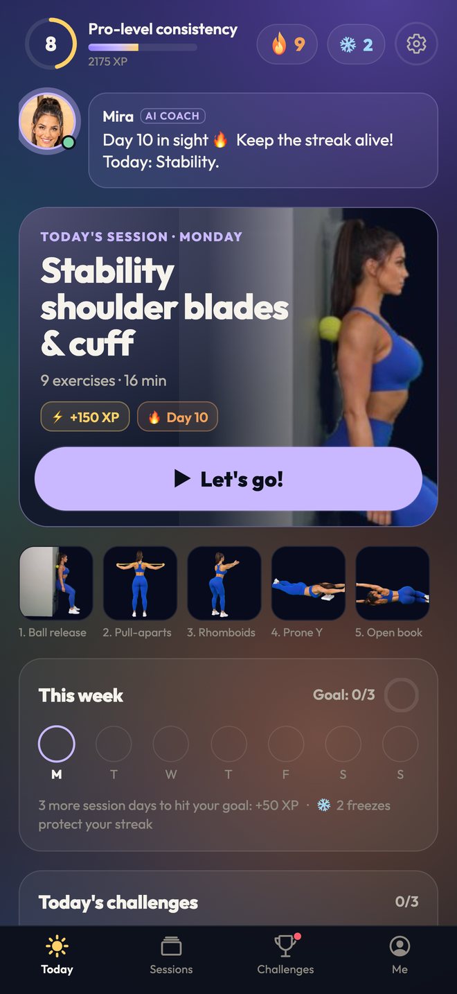 Renfort’s home screen: today’s session, Mira and the week