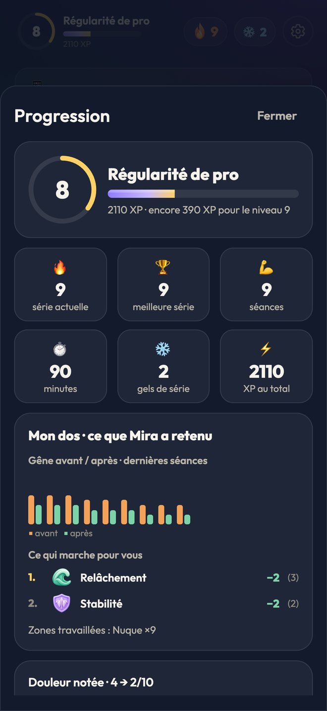 La progression dans Renfort : régularité, séries, XP et ce que Mira a retenu
