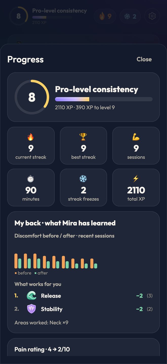 Progress in Renfort: consistency, streaks, XP and what Mira remembers